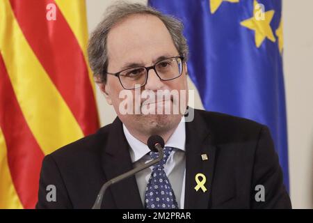 Der Präsident von Katalonien Quim Torra wurde auf einer Pressekonferenz am Montag, den 18. Februar 2019 in Brüssel vorgestellt. BELGA FOTO THIERRY ROGE Stockfoto