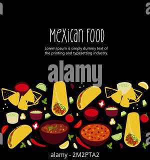 Mexican food illustration Tacos, Burrito, Chili Con Carne, Nachos, Guacamole on black background Stock Vector