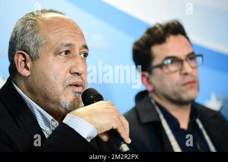 Sekretär des belgischen kulturislamischen Zentrums Abdellah Jouglaf und Präsident des belgischen kulturislamischen Zentrums Brahim Laytouss, die auf einer Pressekonferenz die neue Vereinigung namens belgisches kulturislamisches Zentrum (Centre culturel islamique de Belgique - Cultureel Islamitisch Centrum van Belgie) zur Verwaltung der Großen Moschee von Brüssel vorstellten; Mittwoch, 27. Februar 2019 BELGA FOTO LAURIE DIEFFEMBACQ Stockfoto