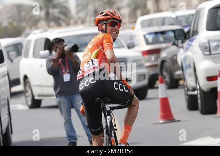 Belgische Serge Pauwels vom CCC-Team, Bild vor der fünften Etappe des Radrennens „UAE Tour“ 2019, 181 km von Flaggeninsel nach Khor Fakkan, Vereinigte Arabische Emirate, Donnerstag, 28. Februar 2019. Die diesjährige Ausgabe findet vom 24. Februar bis zum 2. März statt. BELGA FOTO YUZURU SUNADA FRANCE RAUS Stockfoto