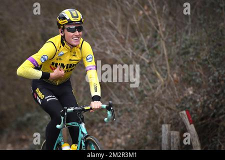 Dutch Mike Teunissen of Team Jumbo-Visma pictured in action during the reconnaissance of the track of the 74th edition of the one-day cycling race Omloop Het Nieuwsblad, Thursday 28 February 2019. BELGA PHOTO DAVID STOCKMAN Stock Photo