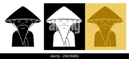 Silhouette of Asian elderly man with long beard wearing national straw round hat. Thai farmer in traditional dress. Vector isolated on white backgroun Stock Vector