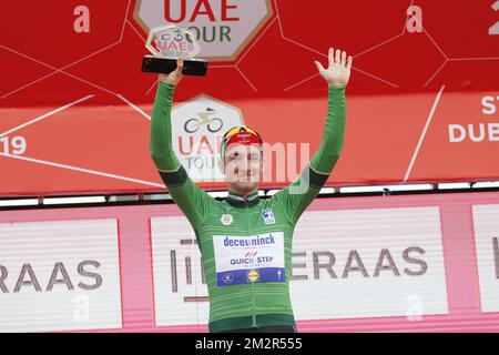 Italian Elia Viviani of Deceuninck - Quick-Step, winner of the Points Classification, pictured on the podium after the final stage of the 'UAE Tour' 2019 cycling race, 145 km from Dubai Safari Park to City Walk, United Arab Emirates, Saturday 02 March 2019. This year's edition is taking place from 24 February to 2 March. BELGA PHOTO YUZURU SUNADA FRANCE OUT Stockfoto