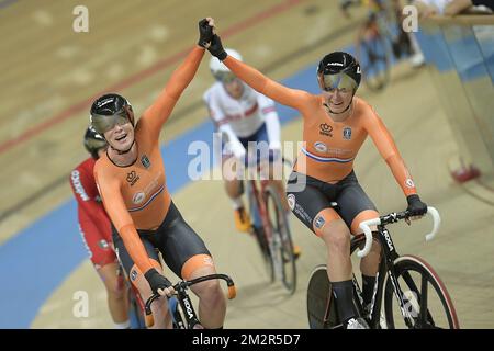Dutch Kirsten Wild and Dutch Amy Pieters celebrate after winning the women's Madison race on the fourth day of the 2019 world championships track cycling in Pruszkow, Poland, Saturday 02 March 2019. The track cycling worlds take place from 28 February to 04 March. BELGA PHOTO YORICK JANSENS Stockfoto