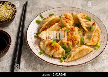Gyoza, japanische Teigtaschen in der Pfanne, auf hellem Hintergrund. Stockfoto
