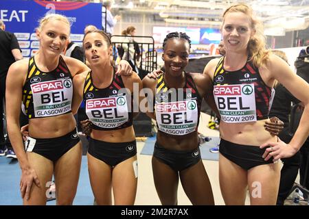 Belgian Cheetahs team with Belgian Hanne Claes, Belgian Camille Laus, Belgian Cynthia Bolingo Mbongo and Belgian Margo Van Puyvelde pictured after the women's 4x400m relay race on the third and last day of the European Athletics Indoor Championships, in Glasgow, Scotland, Sunday 03 March 2019. The championships take place from 1 to 3 March. BELGA PHOTO BENOIT DOPPAGNE Stock Photo