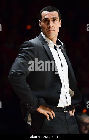 Antwerp's Head Coach Roel Moors pictured during the basketball match between BC Oostende and Antwerp Giants, the final of the Belgian Cup competition, Sunday 10 March 2019 in Brussels. BELGA PHOTO LAURIE DIEFFEMBACQ Stock Photo