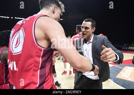 Antwerp's Head Coach Roel Moors (R) celebrates after winning the basketball match between BC Oostende and Antwerp Giants, the final of the Belgian Cup competition, Sunday 10 March 2019 in Brussels. BELGA PHOTO LAURIE DIEFFEMBACQ  Stock Photo