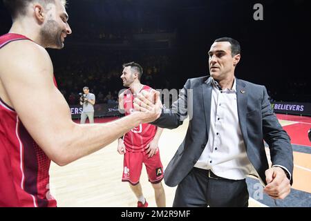 Antwerpens Cheftrainer Roel Moors feiert nach dem Sieg des Basketballspiels zwischen BC Oostende und Antwerpen Giants, dem Finale des belgischen Pokalwettbewerbs, Sonntag, den 10. März 2019 in Brüssel. BELGA FOTO LAURIE DIEFFEMBACQ Stockfoto