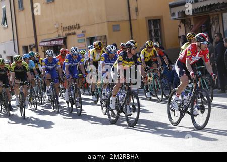 Danish Michael Morkov of Deceuninck - Quick-Step, Belgian Yves Lampaert of Deceuninck - Quick-Step and Argentinian Maximiliano Richeze of Deceuninck - Quick-Step pictured at stage 2 of the Tirreno-Adriatico cycling race, from Camaiore to Pomarance (195 km), Italy, Thursday 14 March 2019. BELGA PHOTO YUZURU SUNADA - FRANCE OUT  Stock Photo