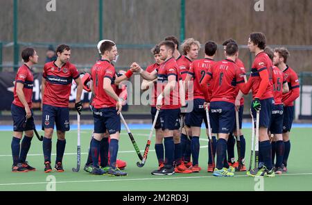 Dragon's Spieler bildeten sich vor einem Hockeyspiel zwischen Braxgata Hockey Club und KHC Dragons, am 13. Tag des „Audi League“ Hockeywettbewerbs, Sonntag, den 17. März 2019 in Boom. BELGA FOTO DAVID CATRY Stockfoto