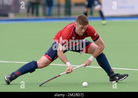 Dragons' Shane O'Donoghue wurde während eines Hockeyspiels zwischen dem Braxgata Hockey Club und KHC Dragons am 13. Tag des „Audi League“-Hockeywettbewerbs am Sonntag, den 17. März 2019 in Boom gezeigt. BELGA FOTO DAVID CATRY Stockfoto