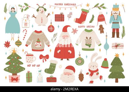 Gemütliches Weihnachtsset mit Weihnachtselementen. Süße Hygge, Weihnachtsmann, Geschenke, Kerzen und Lebkuchenbrot. Stock Vektor