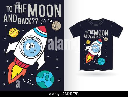Niedliches Monster mit Rakete und Space-Cartoon-Illustration für T-Shirt mit Schablone Stock Vektor