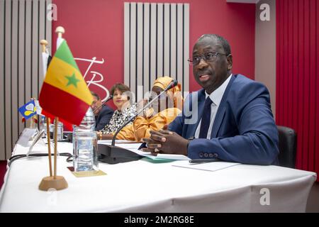 Der senegalesische Botschafter in Belgien, Amadou Diop (R), wurde bei der Eröffnung eines "wirtschaftlichen und kommerziellen Attaches" in der belgischen Botschaft am zweiten Tag einer dreitägigen multisektoralen Wirtschaftsmission der Region Brüssel, am Donnerstag, den 21. März 2019 in Dakar, Senegal, fotografiert. BELGA FOTO HATIM KAGHAT Stockfoto