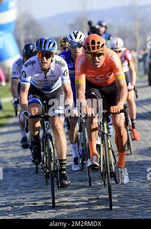 Italian Matteo Trentin of Mitchelton - Scott and Belgian Greg Van Avermaet of CCC Team pictured during the 'E3 BinckBank Classic' cycling race, 203,9km from and to Harelbeke, Friday 29 March 2019. BELGA PHOTO POOL PETER DE VOECHT Stock Photo