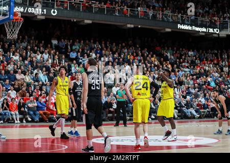 Antwerpens Jae'sean Tate erhält einen Freischuss während des Basketballspiels zwischen den Antwerpen Giants und dem russischen Team BC Nizhny Novgorod, dem Rückspiel des Viertelfinals des Basket Champions League Men Wettbewerbs, Mittwoch, den 03. April 2019 in Antwerpen. Antwerpen gewann die erste Etappe 68:83, eine Differenz von 15 Punkten. BELGA FOTO DAVID PINTENS Stockfoto