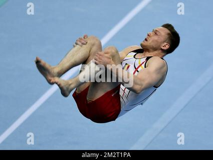 Der belgische Turner Jonathan Vrolix, dargestellt in Aktion während der Qualifikation bei der Kunstgymanstiker-Europameisterschaft in Szczecin, Polen, Mittwoch, 10. April 2019. Die EG findet vom 10. Bis 14. April statt. BELGA FOTO ERIC LALMAND Stockfoto