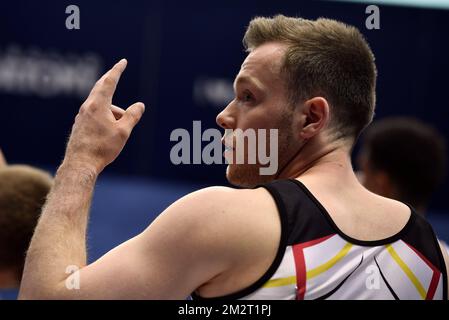 Der belgische Turner Jonathan Vrolix, dargestellt in Aktion während der Qualifikation bei der Kunstgymanstiker-Europameisterschaft in Szczecin, Polen, Mittwoch, 10. April 2019. Die EG findet vom 10. Bis 14. April statt. BELGA FOTO ERIC LALMAND Stockfoto