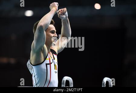 Der belgische Turner Jimmy Verbaeys wird während der Qualifikation bei den künstlerischen Europameisterschaften in Szczecin, Polen, am Mittwoch, den 10. April 2019 in Aktion gezeigt. Die EG findet vom 10. Bis 14. April statt. BELGA FOTO ERIC LALMAND Stockfoto