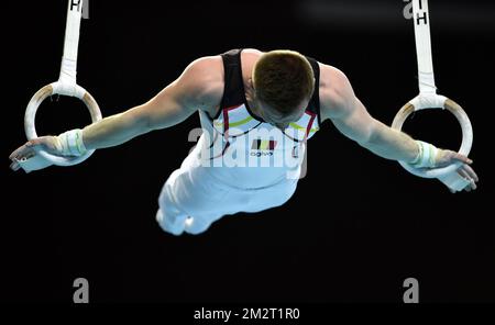 Der belgische Turner Jonathan Vrolix, dargestellt in Aktion während der Qualifikation bei der Kunstgymanstiker-Europameisterschaft in Szczecin, Polen, Mittwoch, 10. April 2019. Die EG findet vom 10. Bis 14. April statt. BELGA FOTO ERIC LALMAND Stockfoto