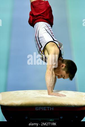 Der belgische Turner Jimmy Verbaeys wird während der Qualifikation bei den künstlerischen Europameisterschaften in Szczecin, Polen, am Mittwoch, den 10. April 2019 in Aktion gezeigt. Die EG findet vom 10. Bis 14. April statt. BELGA FOTO ERIC LALMAND Stockfoto