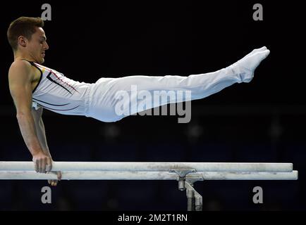 Der belgische Turner Jimmy Verbaeys wird während der Qualifikation bei den künstlerischen Europameisterschaften in Szczecin, Polen, am Mittwoch, den 10. April 2019 in Aktion gezeigt. Die EG findet vom 10. Bis 14. April statt. BELGA FOTO ERIC LALMAND Stockfoto