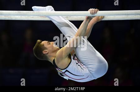 Der belgische Turner Jimmy Verbaeys wird während der Qualifikation bei den künstlerischen Europameisterschaften in Szczecin, Polen, am Mittwoch, den 10. April 2019 in Aktion gezeigt. Die EG findet vom 10. Bis 14. April statt. BELGA FOTO ERIC LALMAND Stockfoto