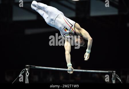 Der belgische Turner Jonathan Vrolix, dargestellt in Aktion während der Qualifikation bei der Kunstgymanstiker-Europameisterschaft in Szczecin, Polen, Mittwoch, 10. April 2019. Die EG findet vom 10. Bis 14. April statt. BELGA FOTO ERIC LALMAND Stockfoto