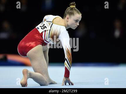 Die belgische Turnerin Jade Vansteenkiste wurde am Donnerstag, den 11. April 2019, in Aktion während der Qualifikation bei der Kunstgymanstiker Europameisterschaft in Szczecin, Polen, gezeigt. Die EG findet vom 10. Bis 14. April statt. BELGA FOTO ERIC LALMAND Stockfoto