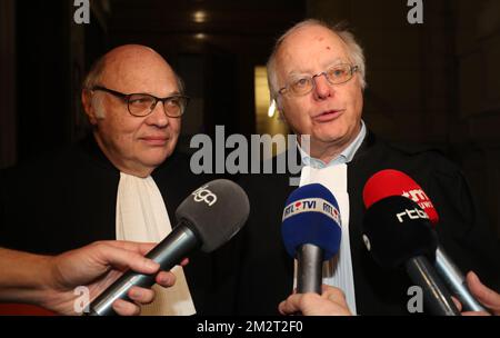 Lawyer Guy Hiernaux, defending King Albert II and lawyer Alain Berenboom, defending King Albert II pictured before a session at the Appeal Court in the appeal in the case of Delphine Boel to contest the paternity of her father Jacques Boel and to ask for the recognition of the paternity of King Albert II, Thursday 11 April 2019, in Brussels. Boel intends to prove she is Albert II's biological daughter. BELGA PHOTO VIRGINIE LEFOUR Stock Photo