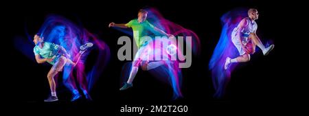 Collage. Sportive men, tennis, football and basketball athletes training, playing isolated over black background in neon with mixed lights Stock Photo