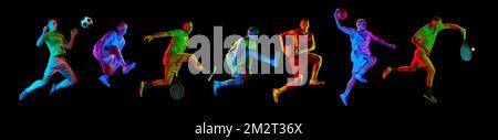 Collage. Sportive men, tennis, football and basketball athletes training, playing isolated over black background in neon. Stock Photo