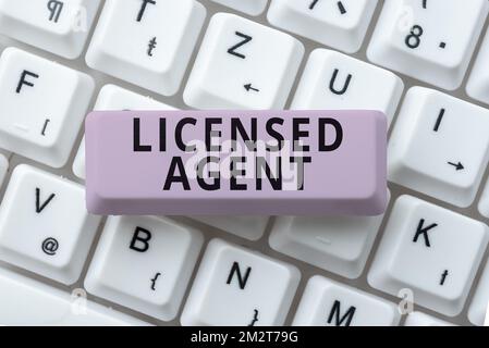 Unterschreiben Sie, dass der lizenzierte Agent angezeigt wird. Unternehmensübersicht autorisierter und akkreditierter Verkäufer von Versicherungspolicen Stockfoto