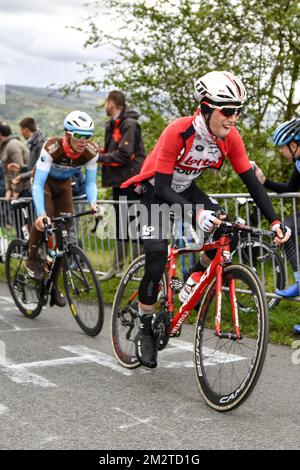 Belgischer Bjorg Lambrecht von Lotto Soudal in Aktion während der 105.. Ausgabe des eintägigen Radrennen Lüttich-Bastogne-Lüttich, Sonntag, den 28. April 2019, 258 km in Lüttich. BELGA FOTO ERIC LALMAND Stockfoto