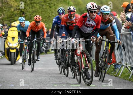 Belgischer Bjorg Lambrecht von Lotto Soudal in Aktion während der 105.. Ausgabe des eintägigen Radrennen Lüttich-Bastogne-Lüttich, Sonntag, den 28. April 2019, 258 km in Lüttich. BELGA FOTO ERIC LALMAND Stockfoto