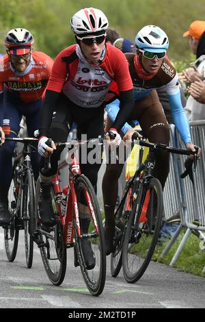 Belgischer Bjorg Lambrecht von Lotto Soudal in Aktion während der 105.. Ausgabe des eintägigen Radrennen Lüttich-Bastogne-Lüttich, Sonntag, den 28. April 2019, 258 km in Lüttich. BELGA FOTO ERIC LALMAND Stockfoto