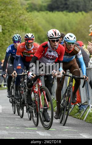 Belgischer Bjorg Lambrecht von Lotto Soudal in Aktion während der 105.. Ausgabe des eintägigen Radrennen Lüttich-Bastogne-Lüttich, Sonntag, den 28. April 2019, 258 km in Lüttich. BELGA FOTO ERIC LALMAND Stockfoto