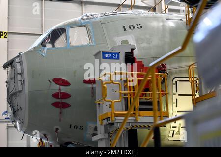 Abbildung zeigt einen Besuch in dem Montagewerk, in dem der erste belgisch-luxemburgische Militärtransportflugzeug Airbus A400M NSN104 am Dienstag, den 30. April 2019, in Sevilla, Spanien hergestellt werden soll. Die A400M wird das C130. Belgische Flugzeug der Luftwaffe ersetzen. Das erste Flugzeug wird im Mai 2020 erwartet. BELGA FOTO DIRK WAEM Stockfoto