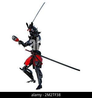 3D Darstellung eines männlichen Samurai-Roboters isoliert auf weißem Hintergrund Stockfoto