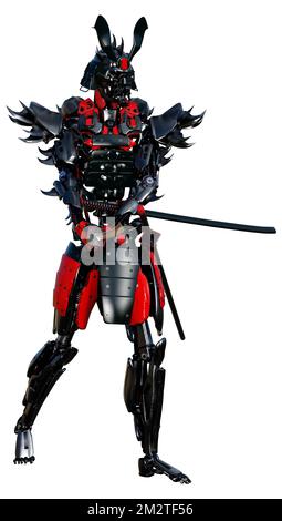 3D Darstellung eines männlichen Samurai-Roboters isoliert auf weißem Hintergrund Stockfoto