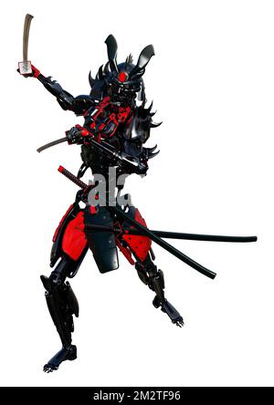3D Darstellung eines männlichen Samurai-Roboters isoliert auf weißem Hintergrund Stockfoto