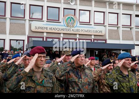 Abbildung zeigt eine Zeremonie zur Ernennung des neuen Obersten Alliierten Befehlshabers Europa (SACEUR) im Shape (Oberstes Hauptquartier der Alliierten Mächte) in Casteau, Soignies, Freitag, den 03. Mai 2019. BELGA FOTO NICOLAS MAETERLINCK Stockfoto