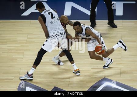 Bologna's Yanick Moreira, Bamberg's Ricky Hickman and Bologna's Kevin Punter pictured during a basketball match between German team Brose Bamberg and Italian Virtus Pallacanestro Bologna, the first leg of the 'Final Four' semi-finals of the men's Champions League basketball competition, Friday 03 May 2019 in Antwerp. BELGA PHOTO KRISTOF VAN ACCOM Stock Photo