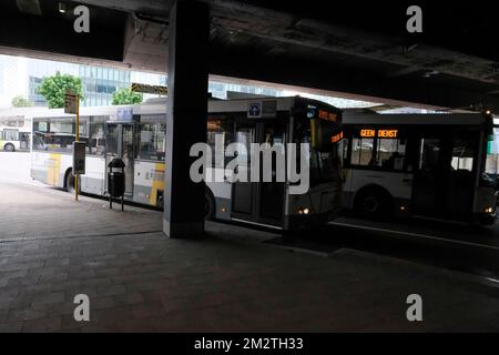 Illustration picture shows busses at the Brussels' Noordstation/ Gare du Nord, Sunday 05 May 2019. Bus drivers of Flemish public transport company De Lijn refuse to stop at some bus stops at the North station, because they claim their health is at risk, due to outbreaks of tuberculosis, malaria or scabies with the refugees who are staying in the station, unwilling to apply for asylum. BELGA PHOTO NICOLAS MAETERLINCK Stock Photo