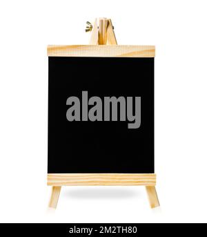 Kleine Tafel mit Holzrahmen auf einem Standfuß isoliert auf weißem Hintergrund. Gespeicherter Beschneidungspfad. Stockfoto
