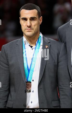 Antwerp's Head Coach Roel Moors pictured with the bronze medal after winning a basketball match between Antwerp Giants and German team Brose Bamberg, the match for the third place of the 'Final Four' of the men's Champions League basketball competition, Sunday 05 May 2019 in Antwerp. BELGA PHOTO DAVID PINTENS Stock Photo