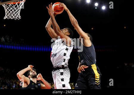 Canarias' Sebas Saiz and Bologna's Yanick Moreira pictured in action during a basketball match between Spanish team CB 1939 Canarias Tenerife and Italian Virtus Pallacanestro Bologna, the final match of the 'Final Four' of the men's Champions League basketball competition, Sunday 05 May 2019 in Antwerp. BELGA PHOTO DAVID PINTENS Stock Photo