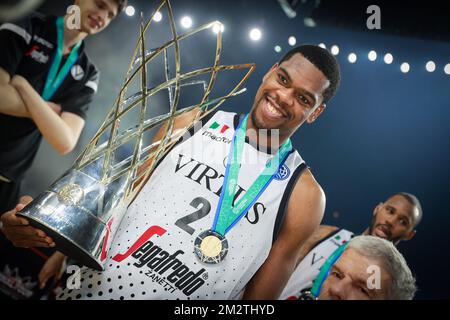 Bologna's Yanick Moreira pictured with the Final Four cup after winning a basketball match between Spanish team CB 1939 Canarias Tenerife and Italian Virtus Pallacanestro Bologna, the final match of the 'Final Four' of the men's Champions League basketball competition, Sunday 05 May 2019 in Antwerp. BELGA PHOTO DAVID PINTENS Stock Photo