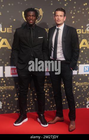 Eupen's Rocky Bushiri (L) pictured during the 'Joueur Pro de l'Annee - Profvoetballer van het Jaar' (Professional Soccer Player of the Year) gala evening for the 2018-2019 season, Monday 06 May 2019 in Brussels. BELGA PHOTO BRUNO FAHY Stock Photo